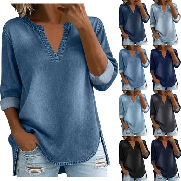 Miqool Women's Washed Denim Tunic Tops 3/4 Sleeve V-Neck Loose Fit Jean Blouse Casual Roll-Up Sleeve Everyday Shirts