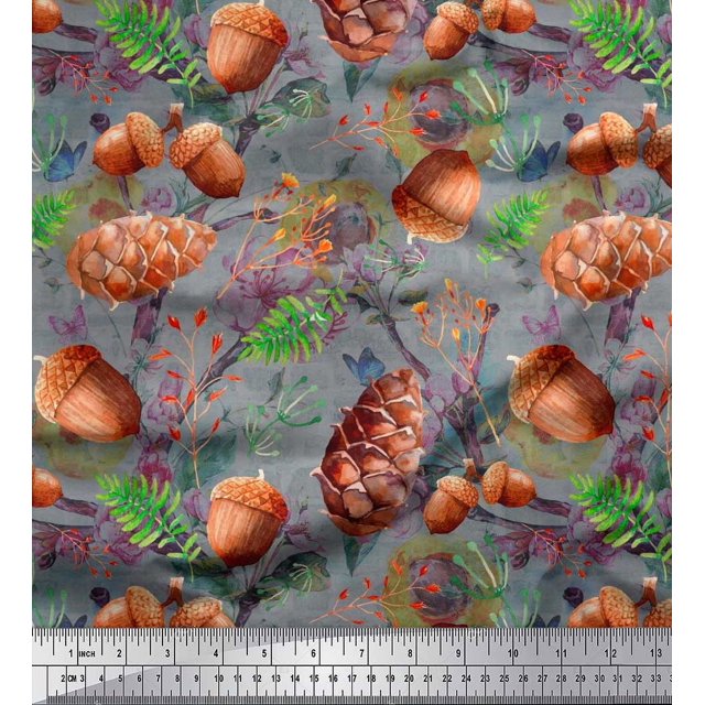 Soimoi Black polyester Crepe Fabric Apricot, polyester & Oaknut Fruits Print Sewing Fabric BTY 52 Inch Wide