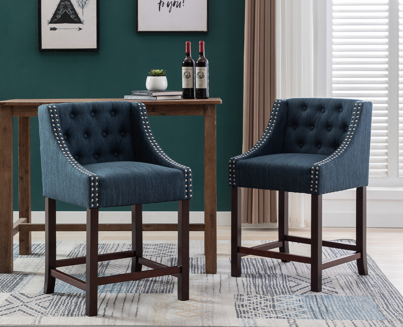 Guyou 25" Counter Height Bar Stools Set of 2, Mid Century Linen Tufted