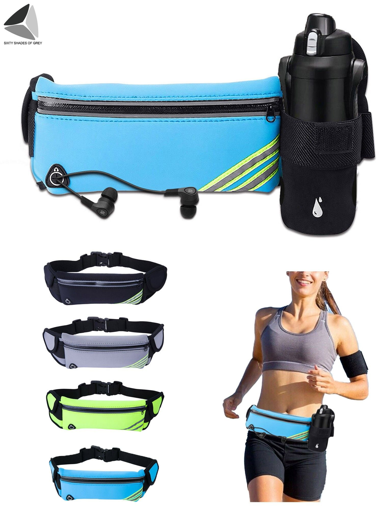 Green Running Belt Sport Jogging Travel Bum Waist Bag with Reflective Stripe 