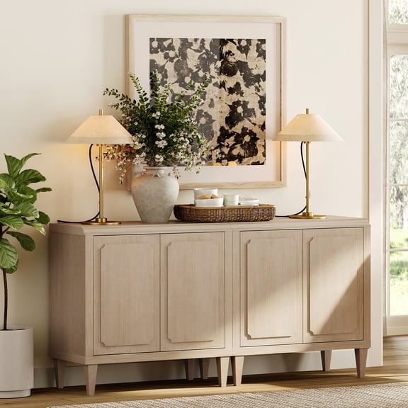 63" Oak Buffet Cabinet with Embossed Door, Modern Sideboard with Storage, Light Oak