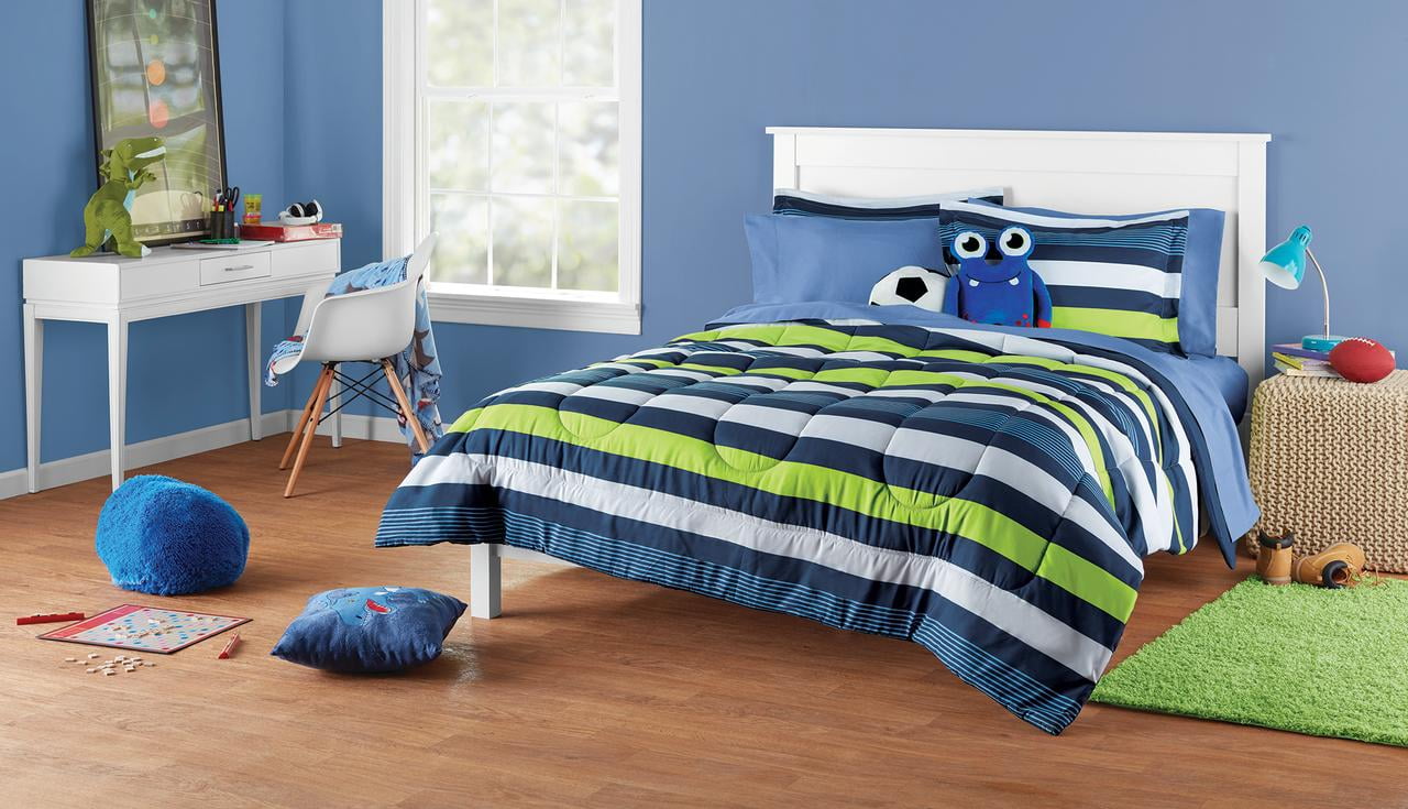 Your Zone Blue Stripe Full Bedding Set for Kids, Machine Wash, 7 Pieces