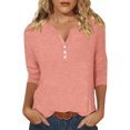 thumbnail image 2 of Summer Women Shirt Women's Fashion Casual Solid Colour V-Neck Button Up 3/4 Sleeve T-Shirt Top, 2 of 6