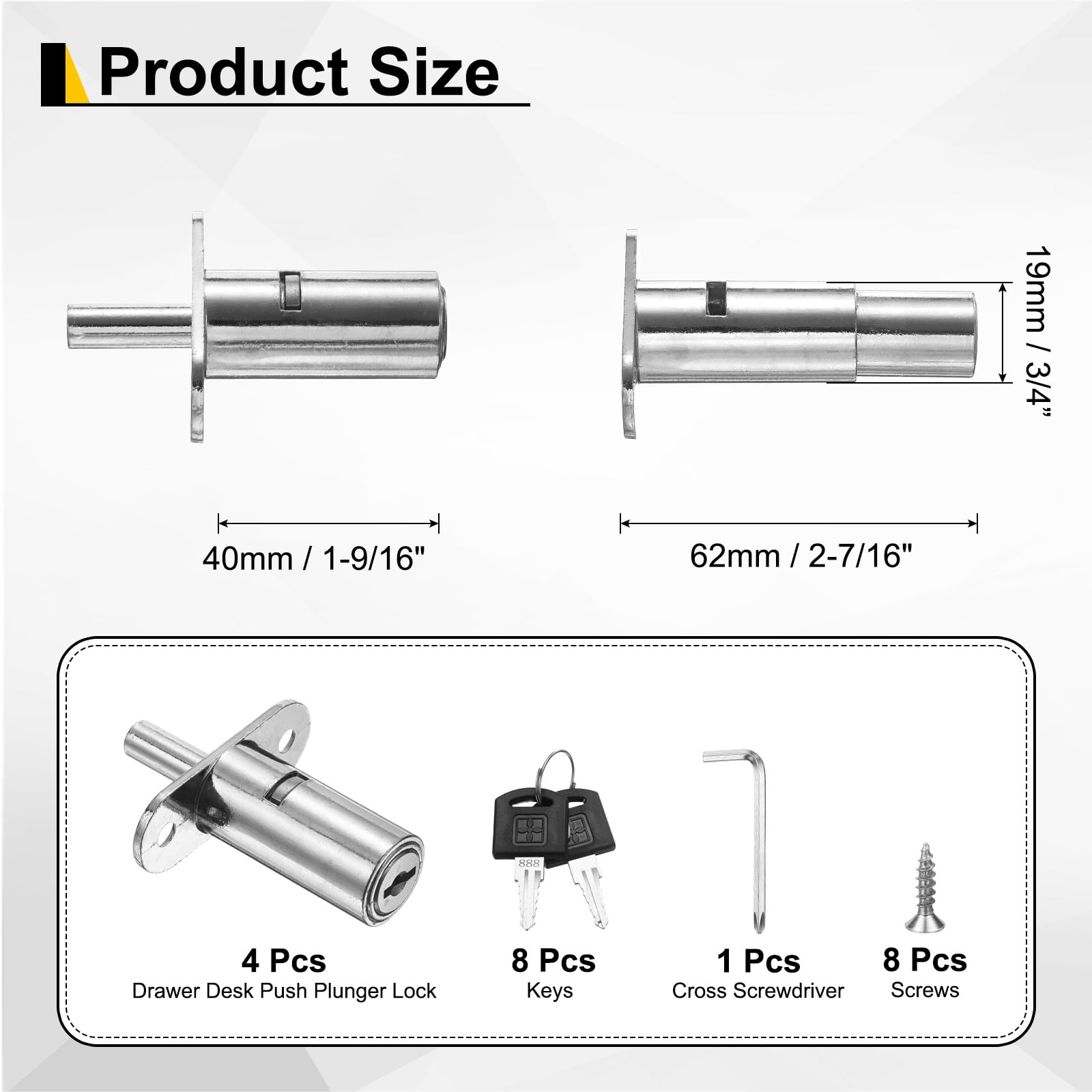 Uxcell Drawer Desk Push Plunger Lock, 4Pcs 1-9/16" Cylinder Diameter 2-7/16" Cylinder Length Zinc Alloy Sliding Cabinet Locks with Cross Screwdriver Keyed Alike for Wardrobe Drawers