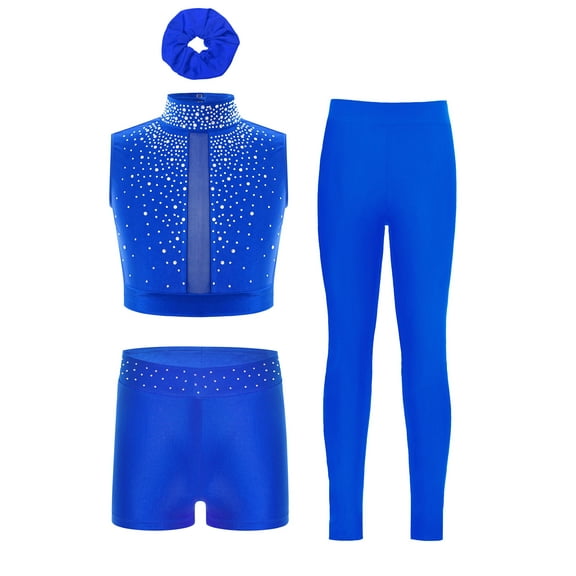 Miutii Kids Girls Figure Skating Gym Dance Outfit Crop Top with Shorts Leggings Headwear Set Latin Jazz Ballet Dancewear Blue 16