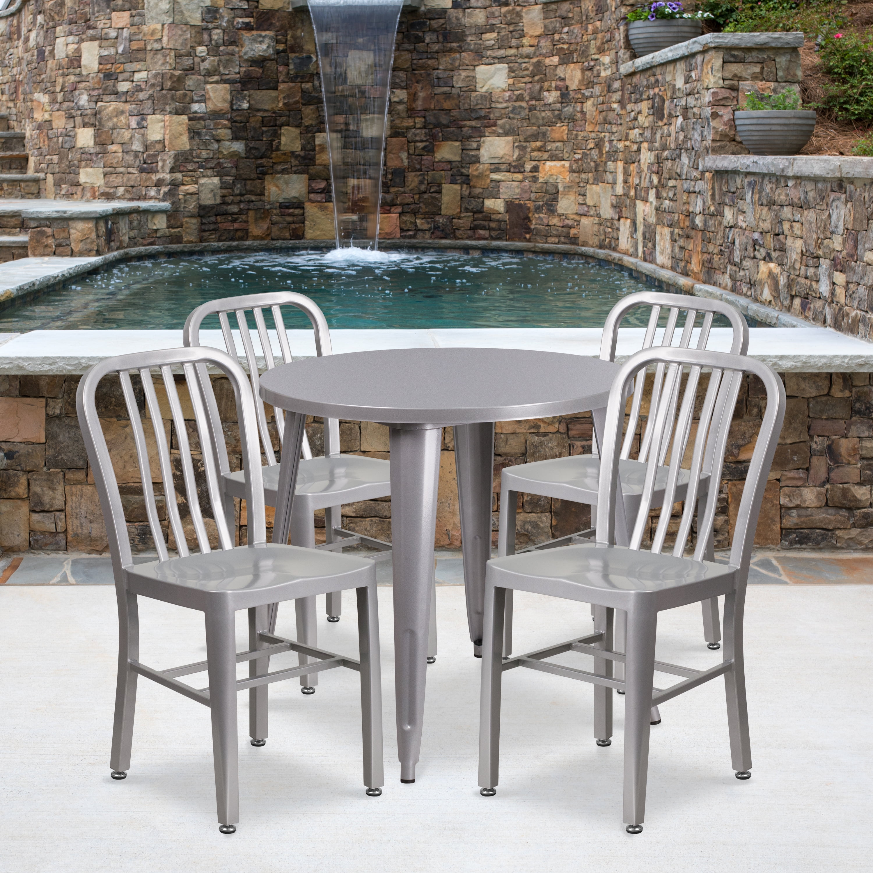 Flash Furniture Commercial Grade 30" Round Silver Metal IndoorOutdoor Table Set with 4 Vertical