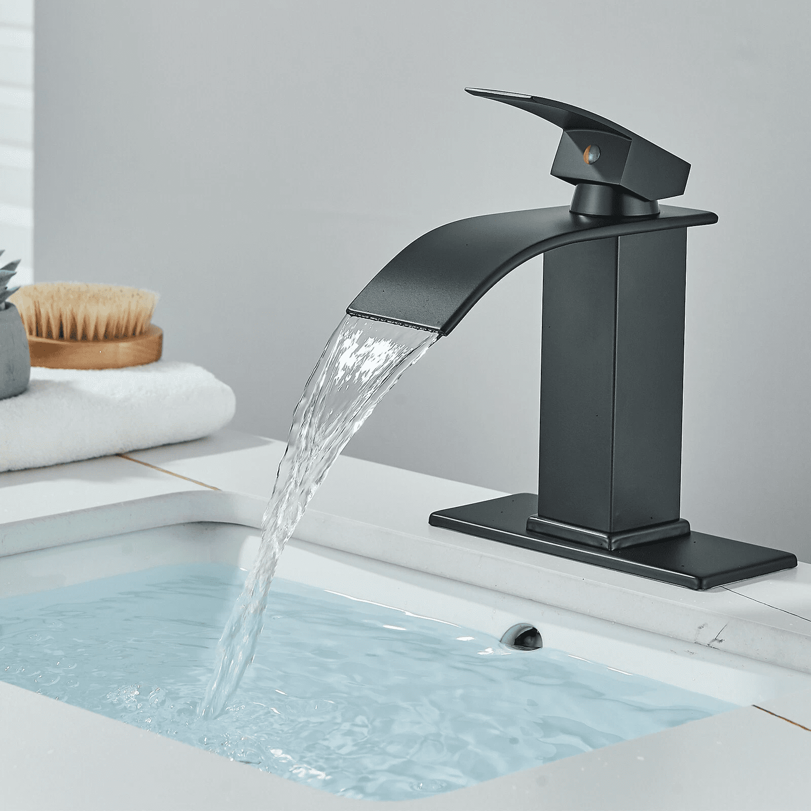 Zovajonia Modern Waterfall Bathroom Sink Faucet Matte Black Single Handle Bathroom Faucet for 1 or 3 Holes with Deck Plate