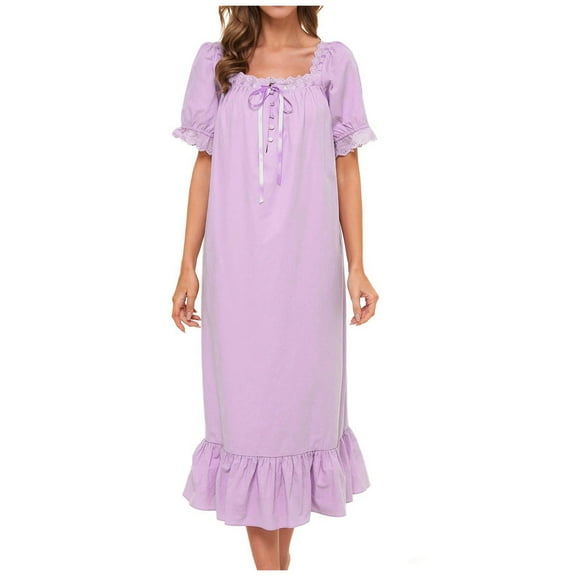 Women's Nightgown Cotton Sleepwear Long Loungewear Short Sleeve Vintage