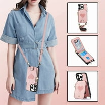 Feishell Crossbody Phone Case for Apple iPhone 14 Pro,Heart Pattern PU Leather Zipper Pocket & Card Slots Shockproof Kickstand Phone Case with Adjustable Shoulder Strap,Pink