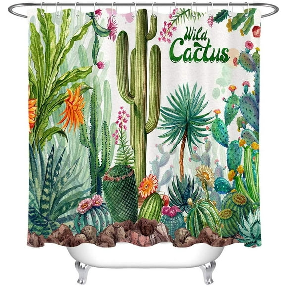 Wild Cactus Shower Curtain Tropical Plants Saguaro Fabric Shower Curtains Cacti Floral Polyester Bath Curtain for Bathroom Decor, 60W x 72H Inches Shower Curtain Sets with Hooks