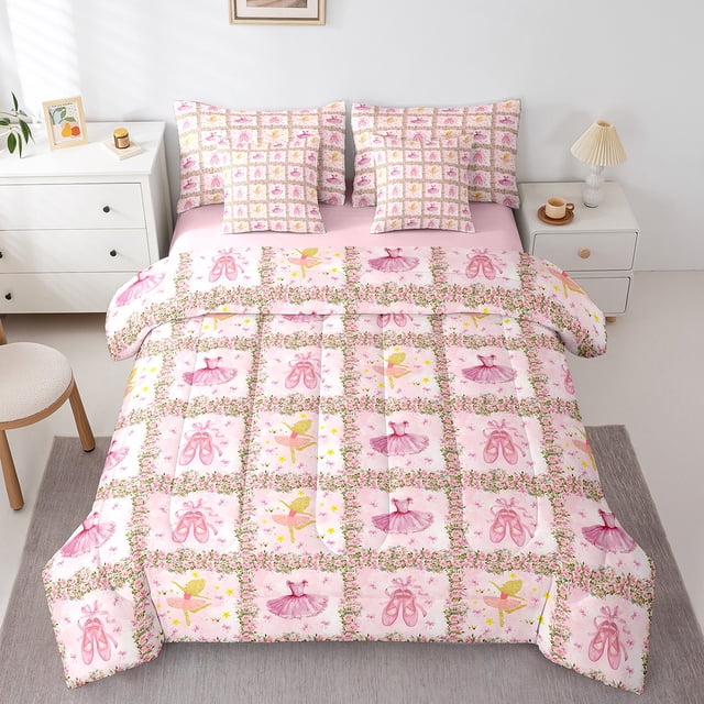 Erosebridal Dance Ballet Bedding Sets King Size,Geometric Plaid Bed in a Bag King size,Microfiber Reversible Bedding King Size,Floral Decor,7 Pieces