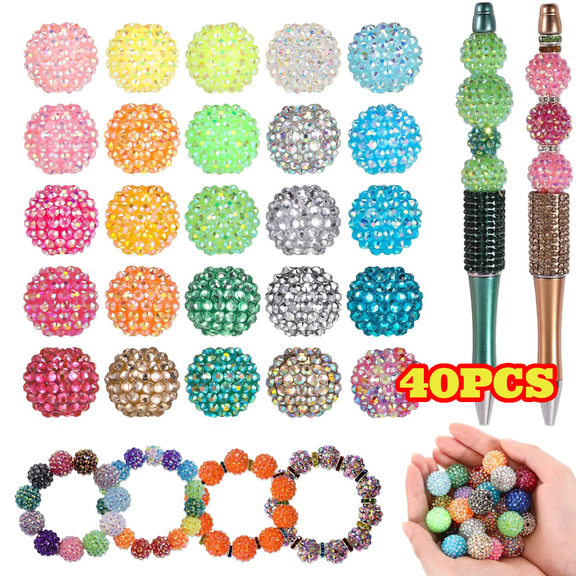 40pcs Rhinestone Beads, 20 mm Crystal Round Disco Balls Bubblegum Beads for Pens Bracelets Charms Craft, Jewelry Making Supplies