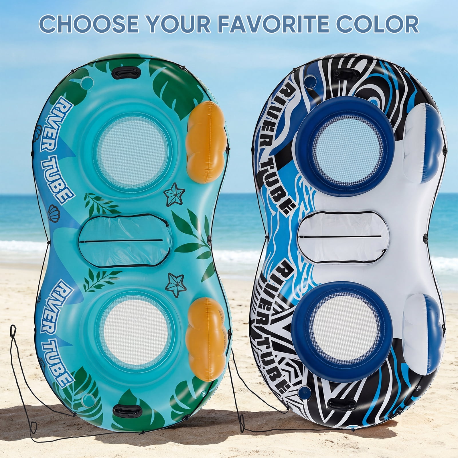 CONCETTA 2 Person Inflatable River Tube Float with Cooler & Enhanced Backrest, Quick Inflate Pool Lake Raft Lounger, Blue & White