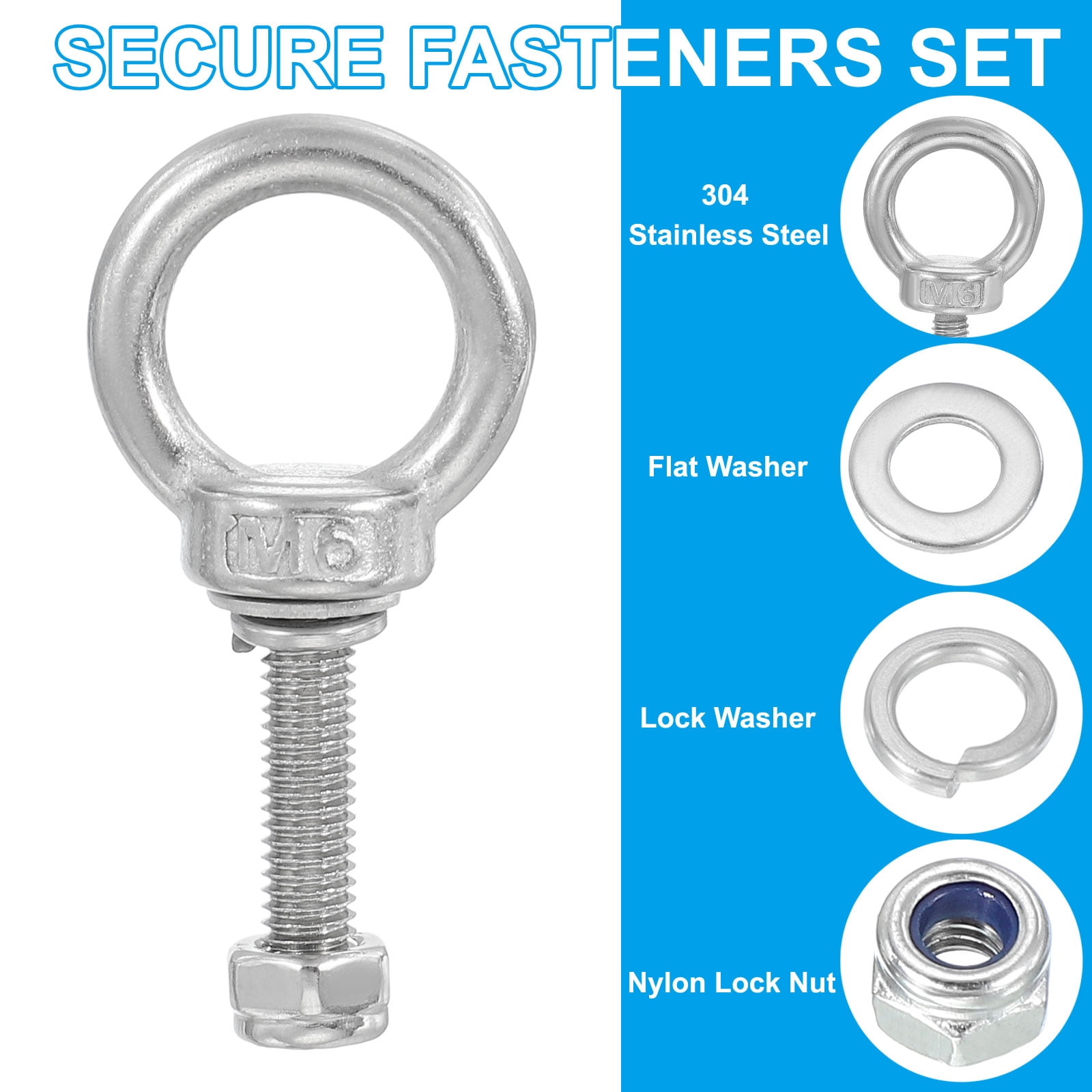 Uxcell M6x12 Stainless Steel Eye Bolts 10-Pack – 1/4"x1/2" Threaded Shoulder Ring With Nuts & Washers For Lifting & Hanging