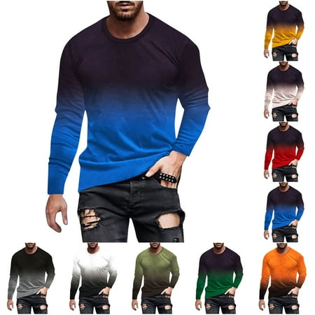 UVEASISHA Mens Long Sleeve T-Shirts Casual Graphic Tee Mens Gradient Color T Shirts Casual Crewneck Pullover Tops Big and Tall Slim Fit Gym Workout Muscle Tees Back to College Sale