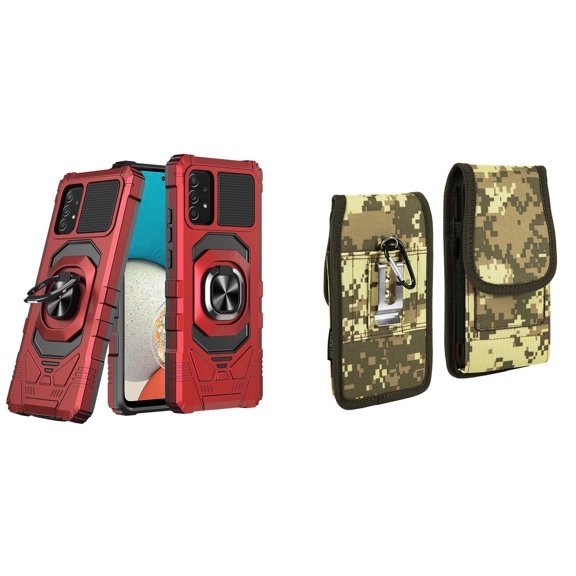 Case with Belt Holster Bundle for Samsung Galaxy A53 5G: Heavy Duty Shield Cover (Red) and Vertical Rugged Nylon Phone Pouch (Digital Camo)