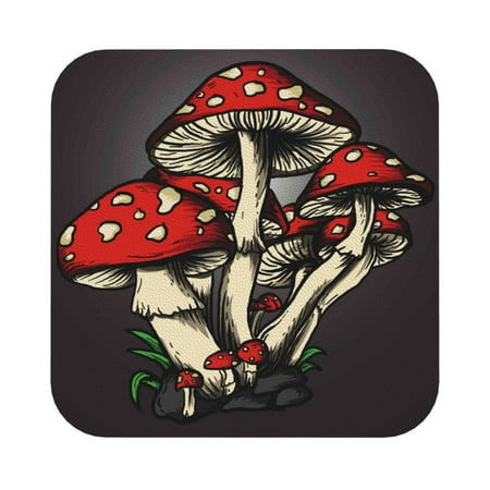 

Coaee Red Mushrooms Hand Painted Mushrooms Print Leather Coasters Set of 6 Non-Slip Washable Cup Coasters for Home Office Bar Square