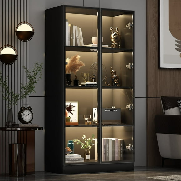 MONSLIPA Display Cabinet with Lights, Glass Cabinet with Doors and 4 Tier Shelves, Bookcase Display Case for Collectible, Living Room Office, Black