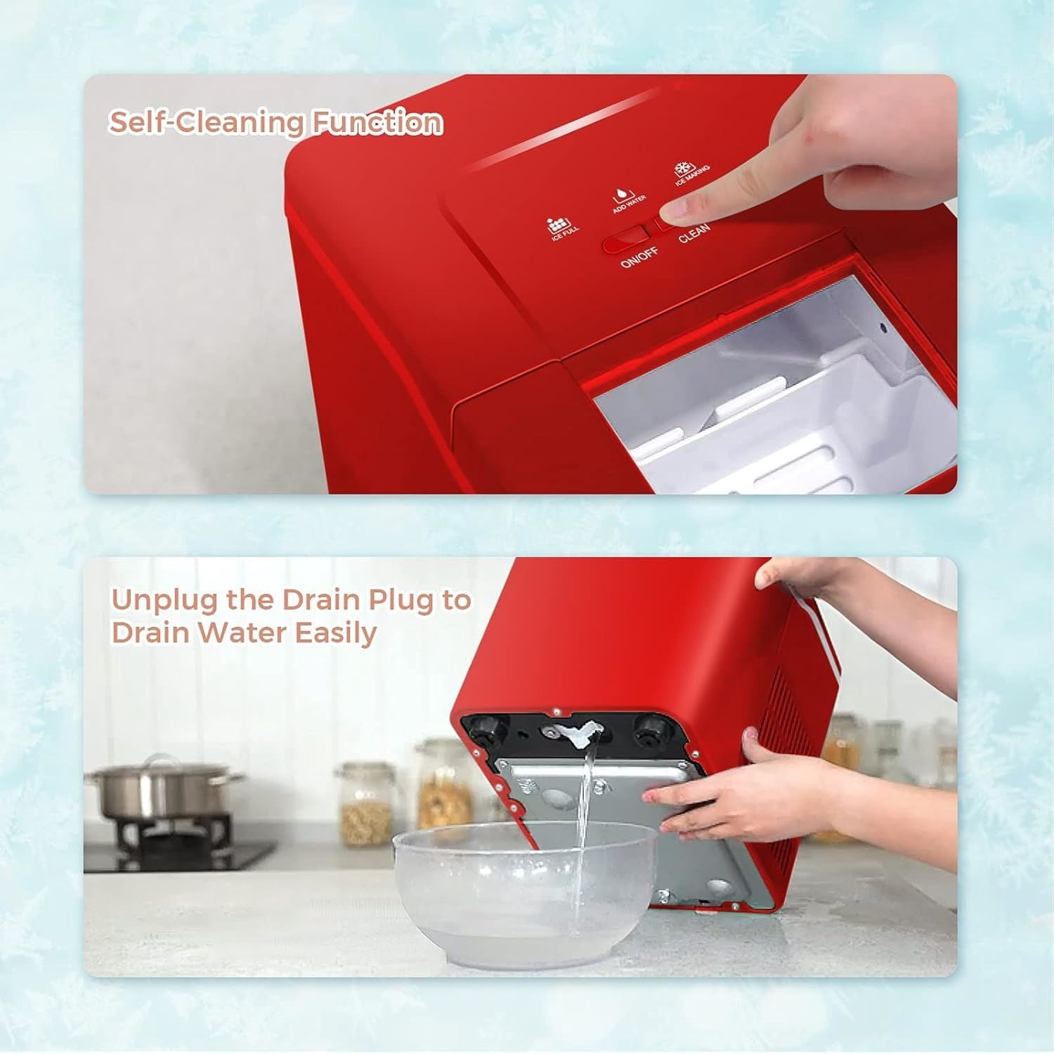 Portable Ice Maker Machine for Countertop, Ready in 8 Mins, 26LBS/24H, Electric Ice Maker with Scoop and Basket for Home, Office, Party, Bar (Red)