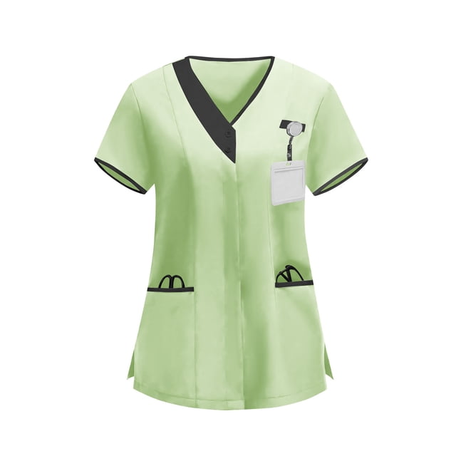 Blusas médicas para mujer, modernas, con bloques de color, de manga corta, informales, con cuello en V y botones, con bolsillos
