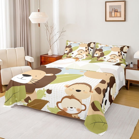 Manfei Cute Lion Giraffe Elephant Monkey Boy Girl 3pcs Twin Sheet Sets,Cartoon Animal Twin Fitted Sheet,Jungle Wildlife Breathable Flat Sheet,Microfiber Bedroom Decor