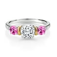 thumbnail image 2 of Gem Stone King 925 Silver and 10K Yellow Gold Pink Created Sapphire Diamond 3-Stone Ring Set with Moissanite (1.81 Cttw) (Size 9), 2 of 3