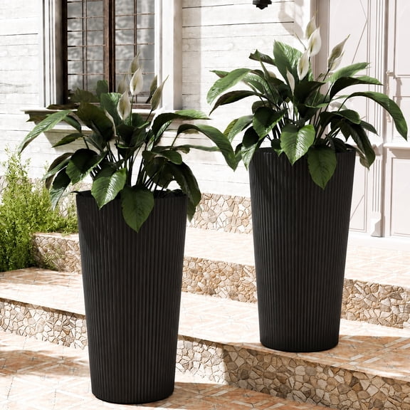 TopComfy 23.6" Tall Outdoor Planters Set of 2, Large Plastic Flower Pots with Drainage Holes, Striped Tapered Planters for Front Porch, Patio, Garden & Indoor Plants, Black