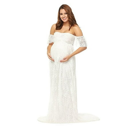 Lace Shoulder Button - TINHAO Women's Off Shoulder Ruffle Sleeve Lace Maternity Pregnancy Gown Maxi Photography Dress