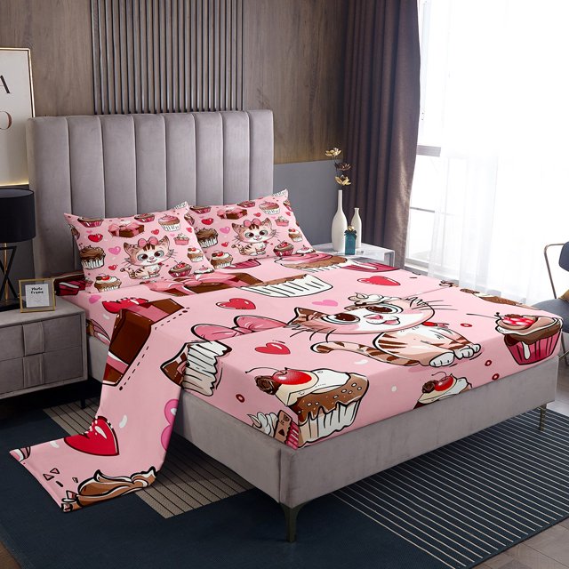 Erosebridal Kawaii Cat Kitten Sheet Set Full, Sweet Cake Dessert Bedding Sets Full Size, 4pcs
