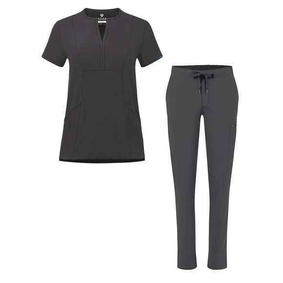 Adar Addition Go-Higher Scrub Set For Women - Notched V-Neck Scrub Top & Skinny Cargo Scrub Pants