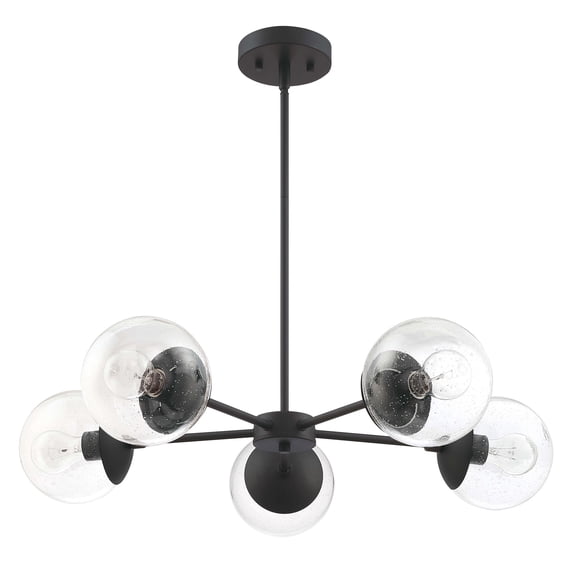 Matte Black 5-Light Chandelier, Clear Seedy Glass Globe Shades, Dimmable, Sloped Ceiling Compatible