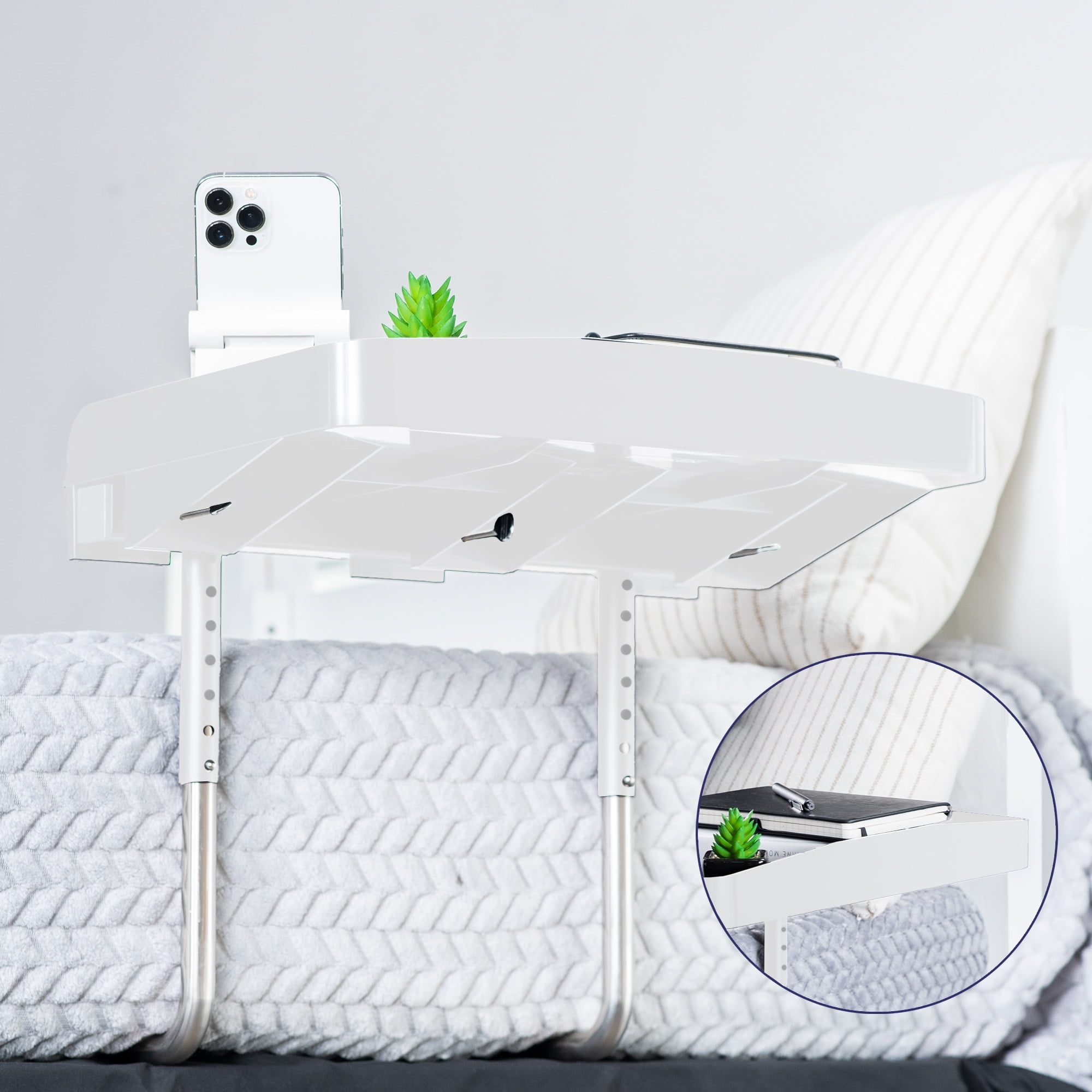 Sidekiix White Under Mattress Bedside Laptop Shelf, Adjustable 17" x 11" Tray