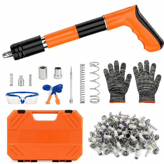 Powerful Concrete Nail Gun Air Nailer Tool with 50PCS Round Nails for Wall Fastening, Heavy Duty Air-Powered Concrete, Brick, Masonry Framing, Flooring and Construction Projects