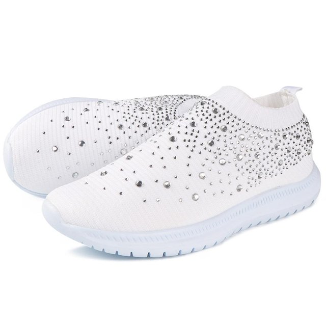 Womens Rhinestones Glitter Fashion Mesh Walking Shoe Casual Slip-ons Breathable Non-slip Comfortable