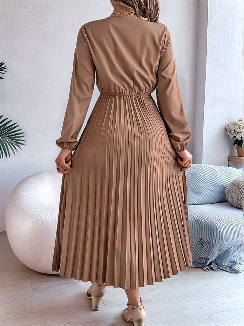 Women Fall Long Sleeve Dress Casual V Neck Pleated A Line Khaki S