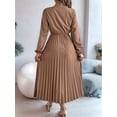 thumbnail image 4 of Women Fall Long Sleeve Dress Casual V Neck Pleated A Line Khaki S, 4 of 5