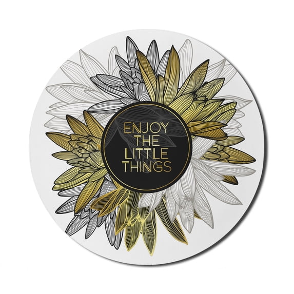 Enjoy the Little Things Mouse Pad for Computers, Floral Bouquet with Inspirational Message Positivity, Round Non-Slip Thick Rubber Modern Mousepad, 8" Round, Yellow Off White Black, by Ambesonne