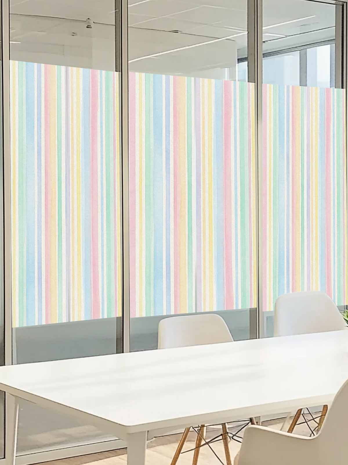 Colorful Stripes Window Privacy Film, Watercolor Rainbow Farmhouse Frosted Glass Window Clings Static Cling UV Heat Blocking Reusable Door Sticker for Bathroom 29.5 x 118 Inch