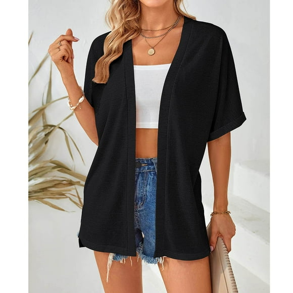 Meichang Prime Day Deals Today 2024, Summer Cardigans for Wolmen Lightweight Solid Short Sleeve Beach Cover Up Kimonos Side Slit Casual Open Front Cardigan Sweaters for Women