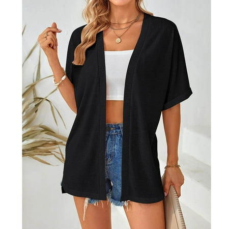 TMOYZQ Women s Rolled Short Sleeve Beach Cover Ups Lightweight Open Front Kimono Cardigan Casual Summer Loose Bikini Cardigan Outerwear Bathing Suit Cover Up