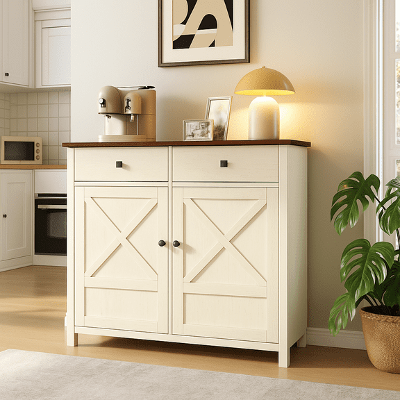 Farmhouse Double Tilt Out Trash Cabinet for 20 Gallon Trash Cans, Free Standing Recycling Cabinet with Hideaway Drawer, Barn Door Style Laundry Sorter Cabinet, Tilt Out Trash Cabinet for Kitchen