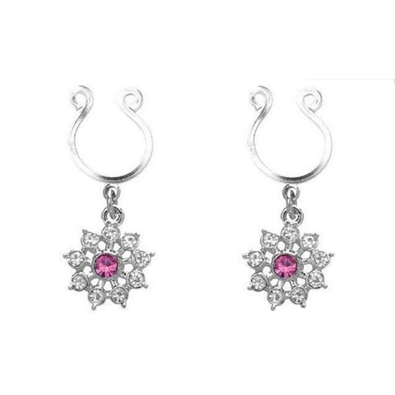 Nipple Rings Non Pierce Non-Piercing Clip On Rhinestone CZ Tribal Flower Pair