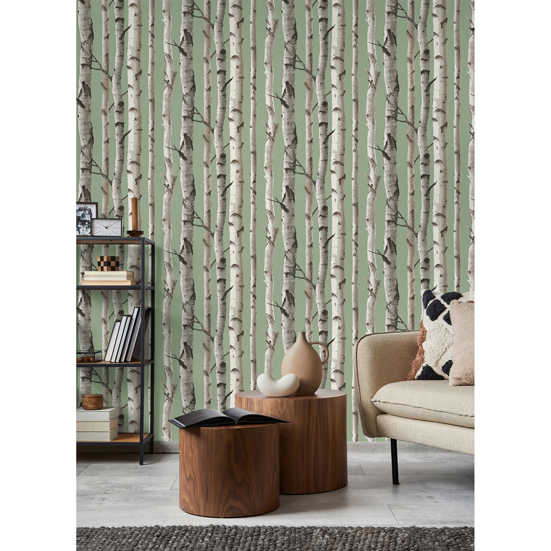 Fine Decor Chester Sage Birch Trees Wallpaper, 20.5-in by 33-ft