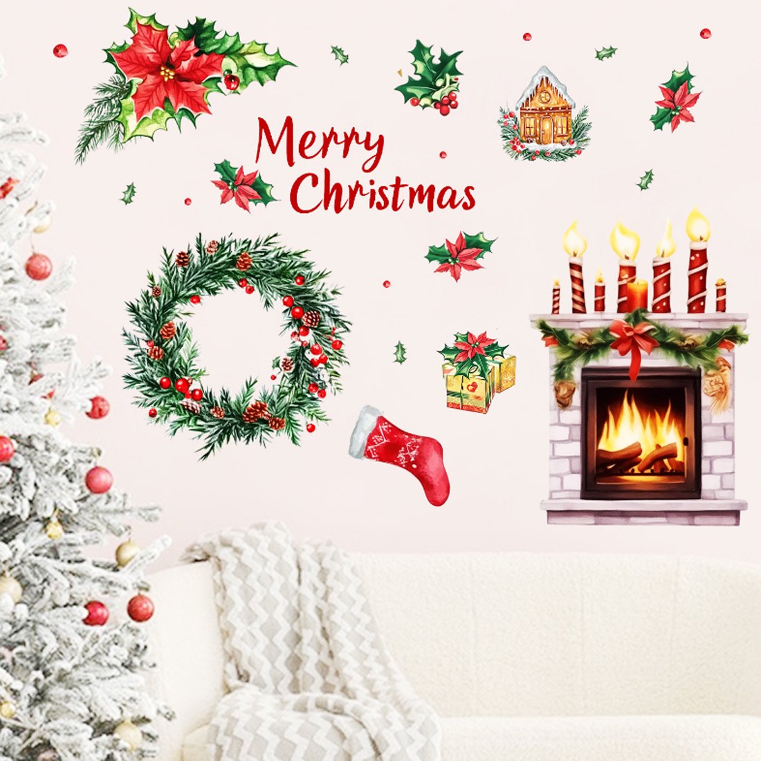 Christmas Decals 31.4"x35.4" Xmas Decorations Wreath Fireplace Wall Stickers Peel and Stick for Living Room Bedroom DIY Decor