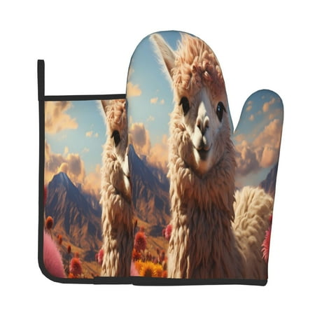 

Xecao Fluffy Alpaca Mountain Meadow Pattern Oven Mitts and Pot Holders Sets Heat Resistant Silicone Oven Mittens Extra Thicken Long Kitchen Cotton Oven Glove for Cooking