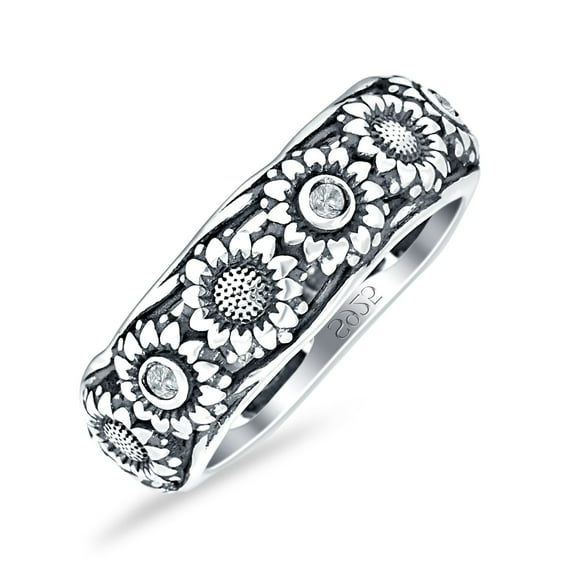 Sunflower Oxidized Statement Wedding Band Cubic Zirconia White Tone 925 Sterling Silver, Size 5