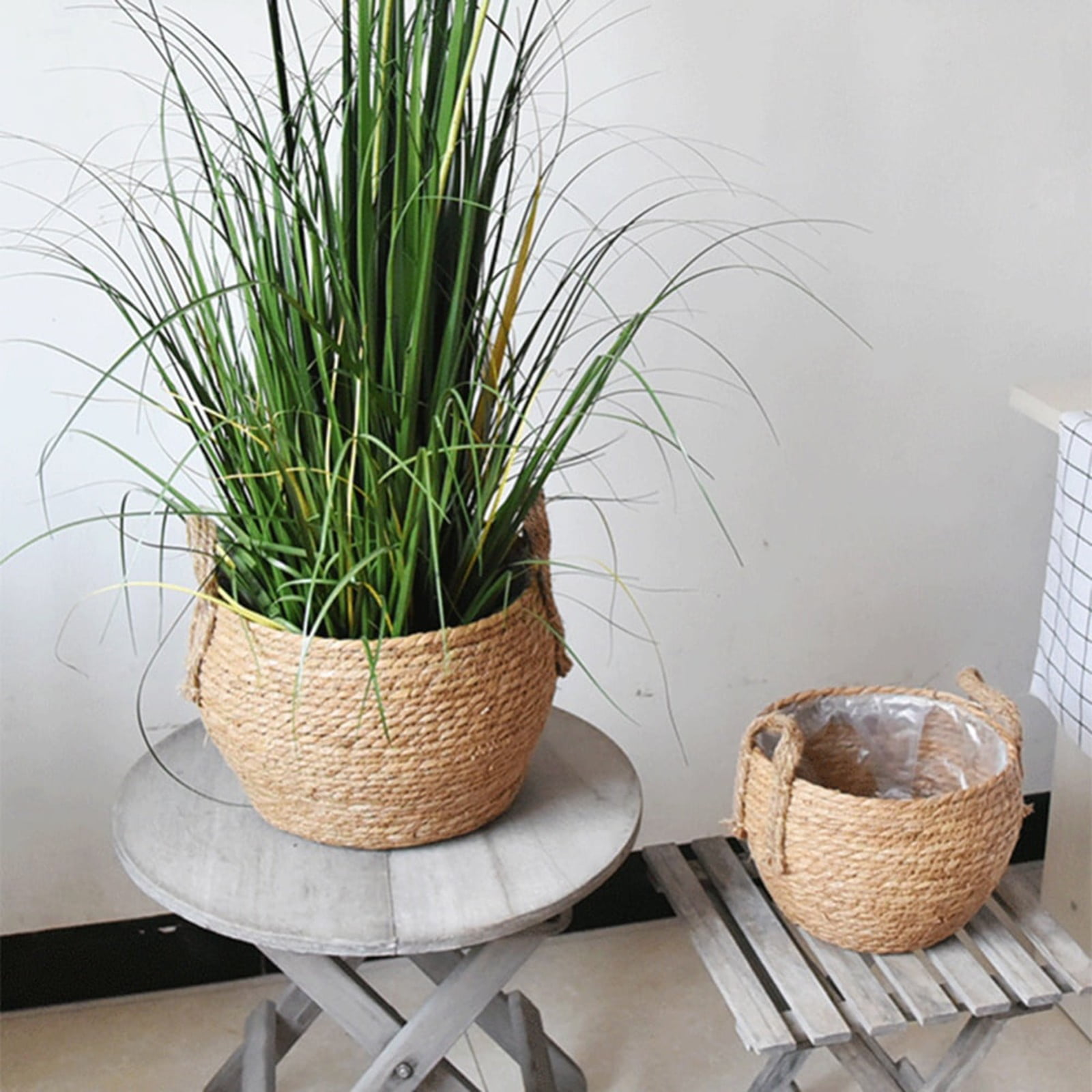 Woven Straw Flower Pot With Plastic Liner, Seagrass Planters Basket, Garden Plant Pot Containers Wicker Rattan Vase Sundries Organizer Storage Bins for Indoor Outdoor Plants Vintage Decor, 9.84x7.87"
