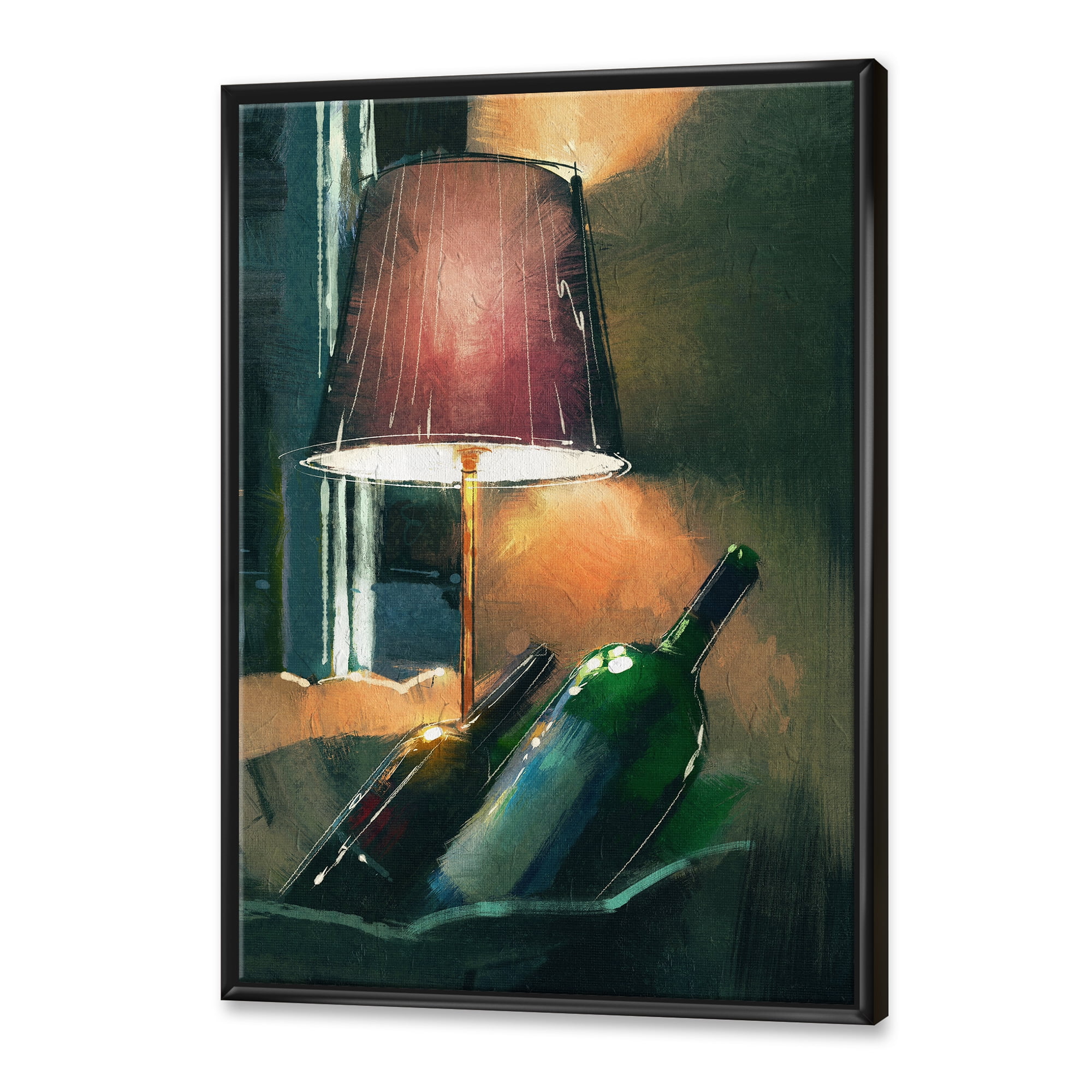 Lamp Glowing Orange In The Night and Wine Bottles 24 in x 32 in Framed Painting Canvas Art Print, by Designart