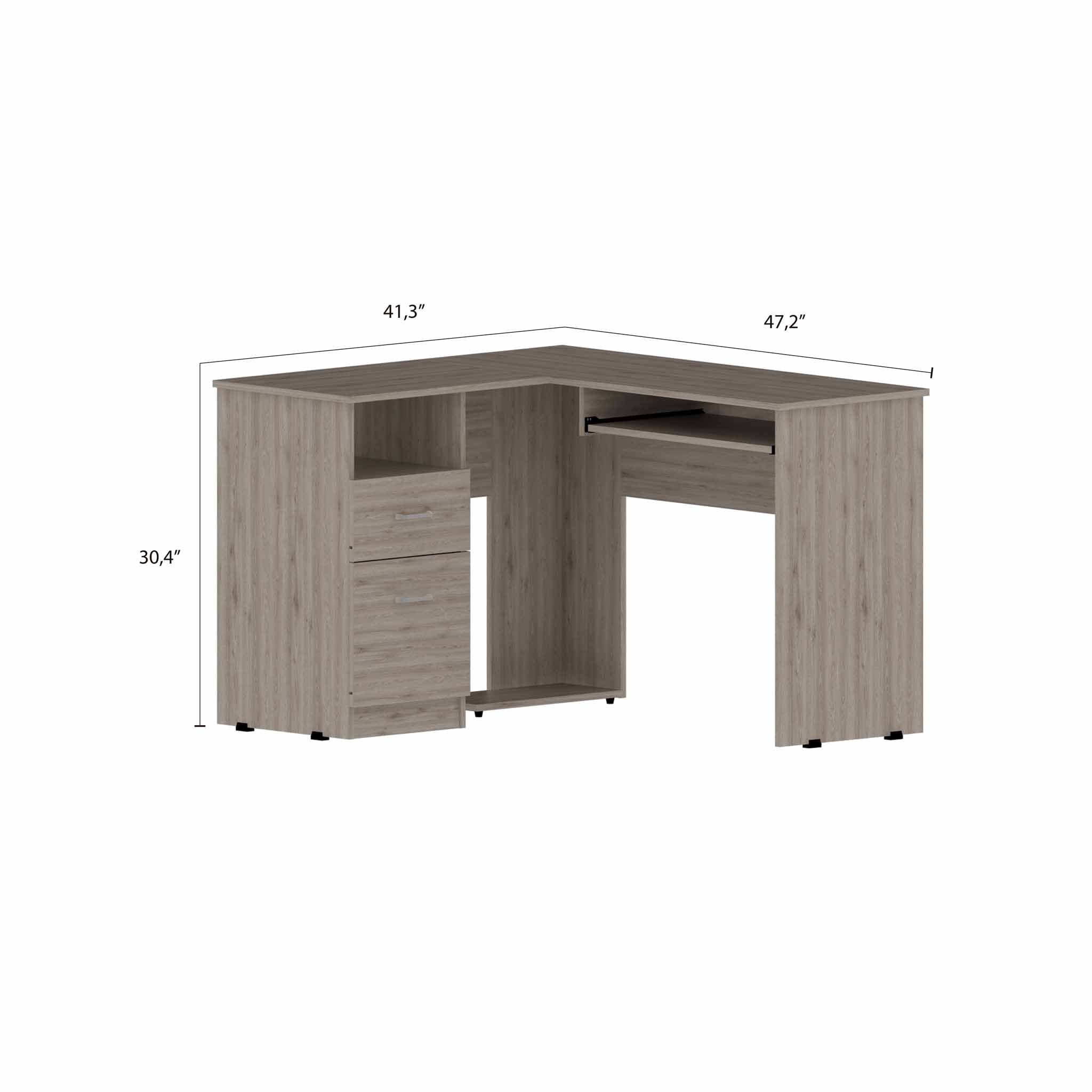 Mix L-Shaped Desk, Keyboard Tray, Two Drawers, Single Open Shelf Light Gray