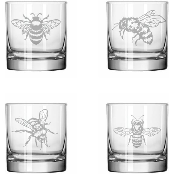 Set of 4 Glass 11 oz Rocks Whiskey Glass Gift Honey Bee Collection